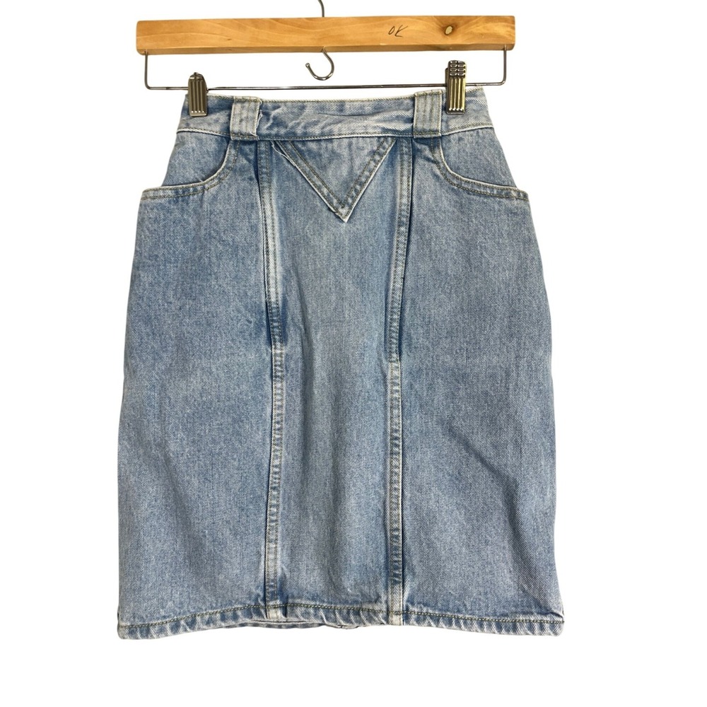Retro High Waist Denim Jean Skirt Blue 24" Festival Classic Cowgirl Boho Chic 80